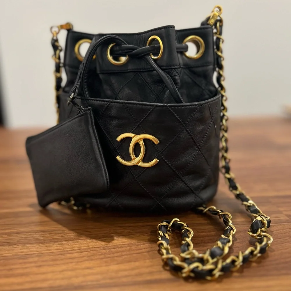 CHANEL Black Quilted Leather Drawstring Bucket Bag with Gold Hardware